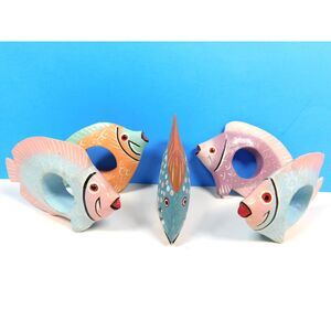 Fish Napkin Rings Set of 5 Wood Hand Painted Carved Ocean Decor